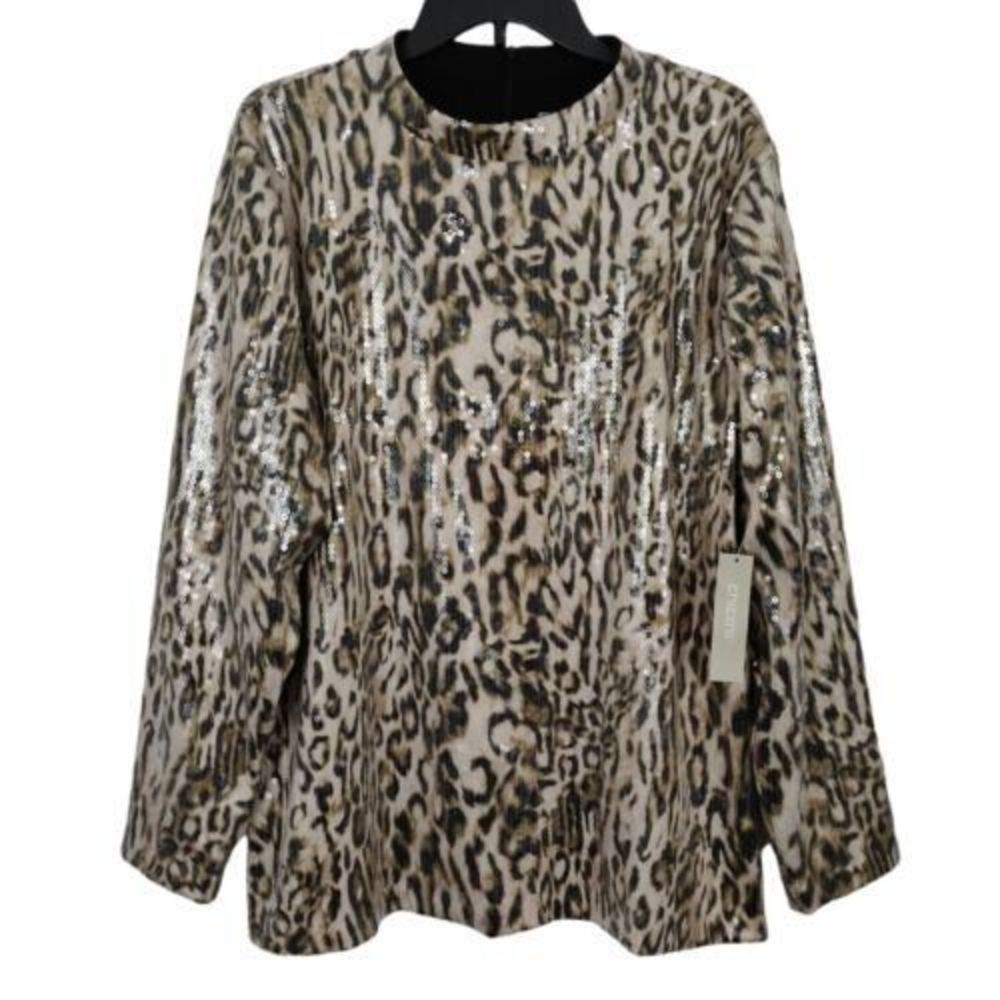 Chico's  Sequin Top Size XL 3 Animal Cheetah Print Long Sleeve Zippered Back NWT